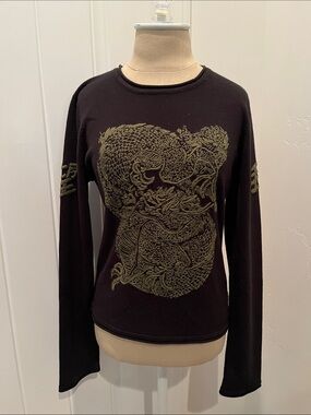 Sweet by miss me Black Long-Sleeve Women's Top with Olive Dragon Embroidery